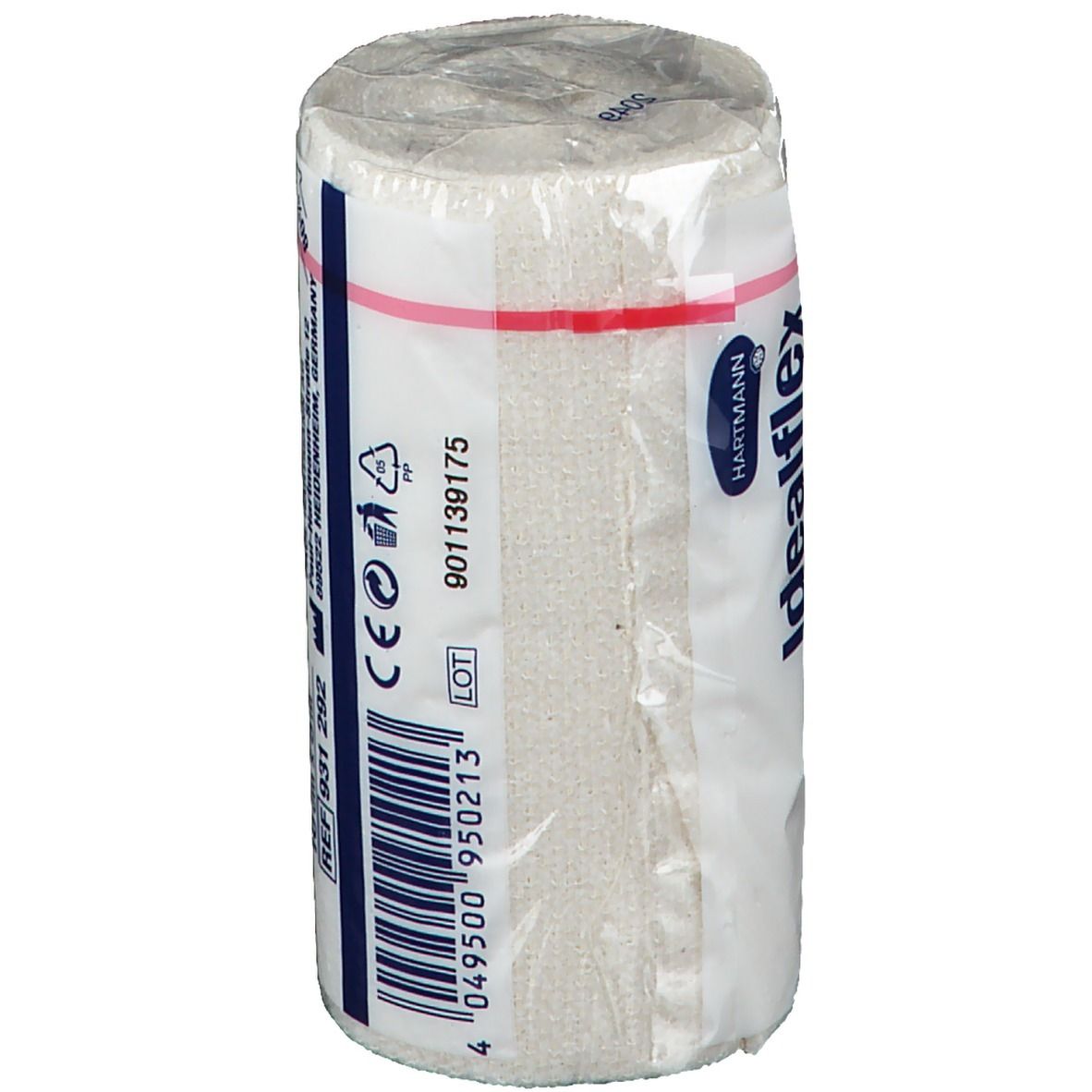 Benda universale Hartmann Idealflex, arrotolata in pellicola. Informazioni sul prodotto, marchio CE, numero di lotto, codice a barre.