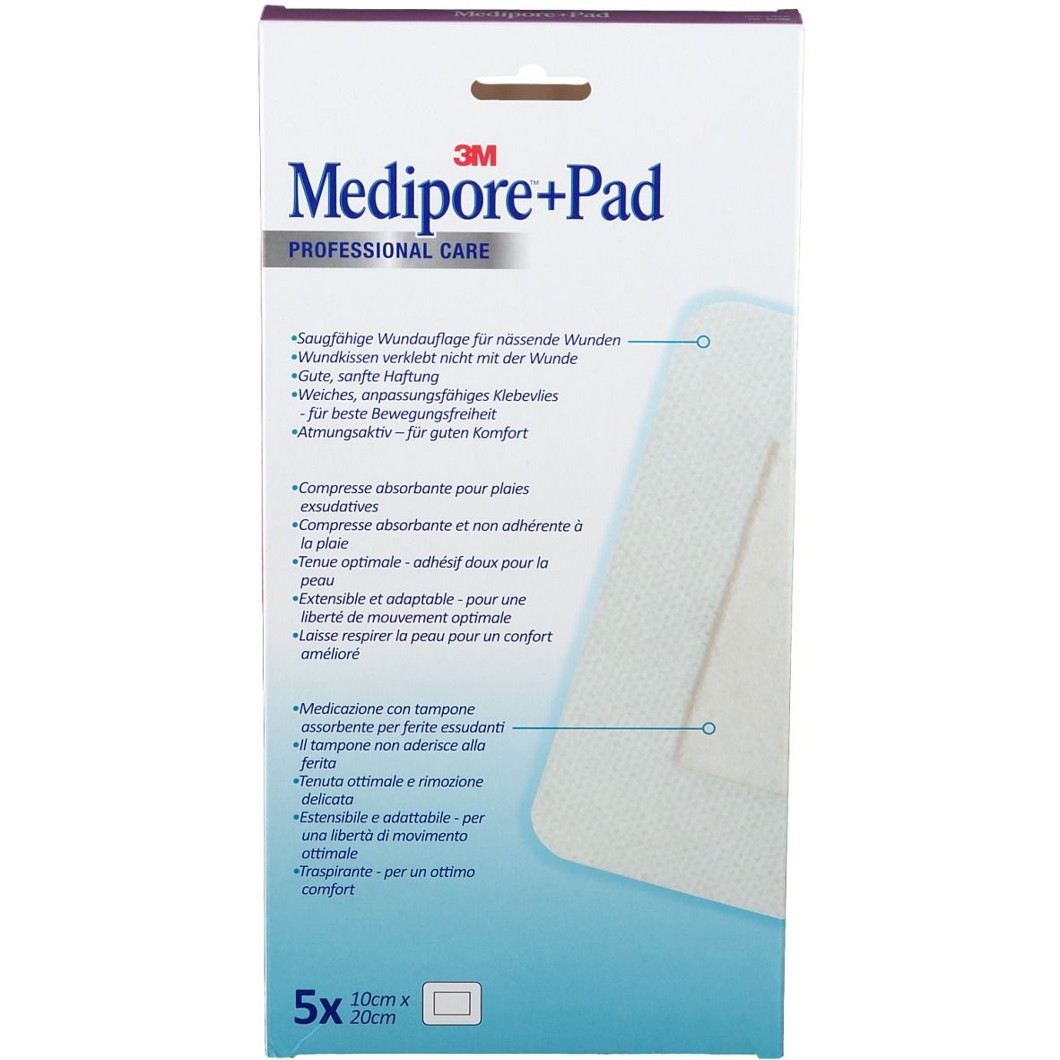 Confezione di 3M Medipore+Pad. Caratteristiche del prodotto e 5 pezzi, 10cm x 20cm. Cerotto con tampone assorbente.