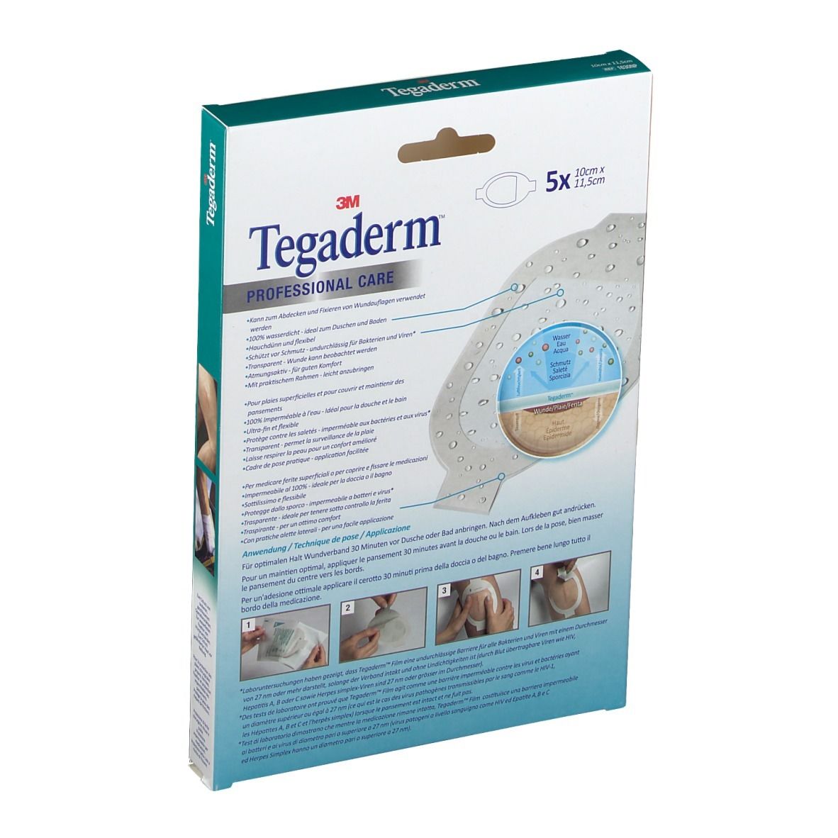 Confezione 3M Tegaderm Professional Care. 5 pezzi. 10x11,5cm. Medicazione trasparente. Istruzioni per l'uso sul retro.