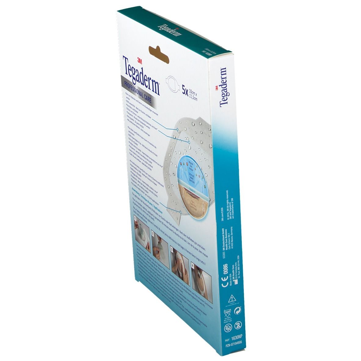 Confezione 3M Tegaderm Professional Care. 5 pezzi. 10x11,5cm. Medicazione trasparente. Istruzioni per l'uso sul retro.