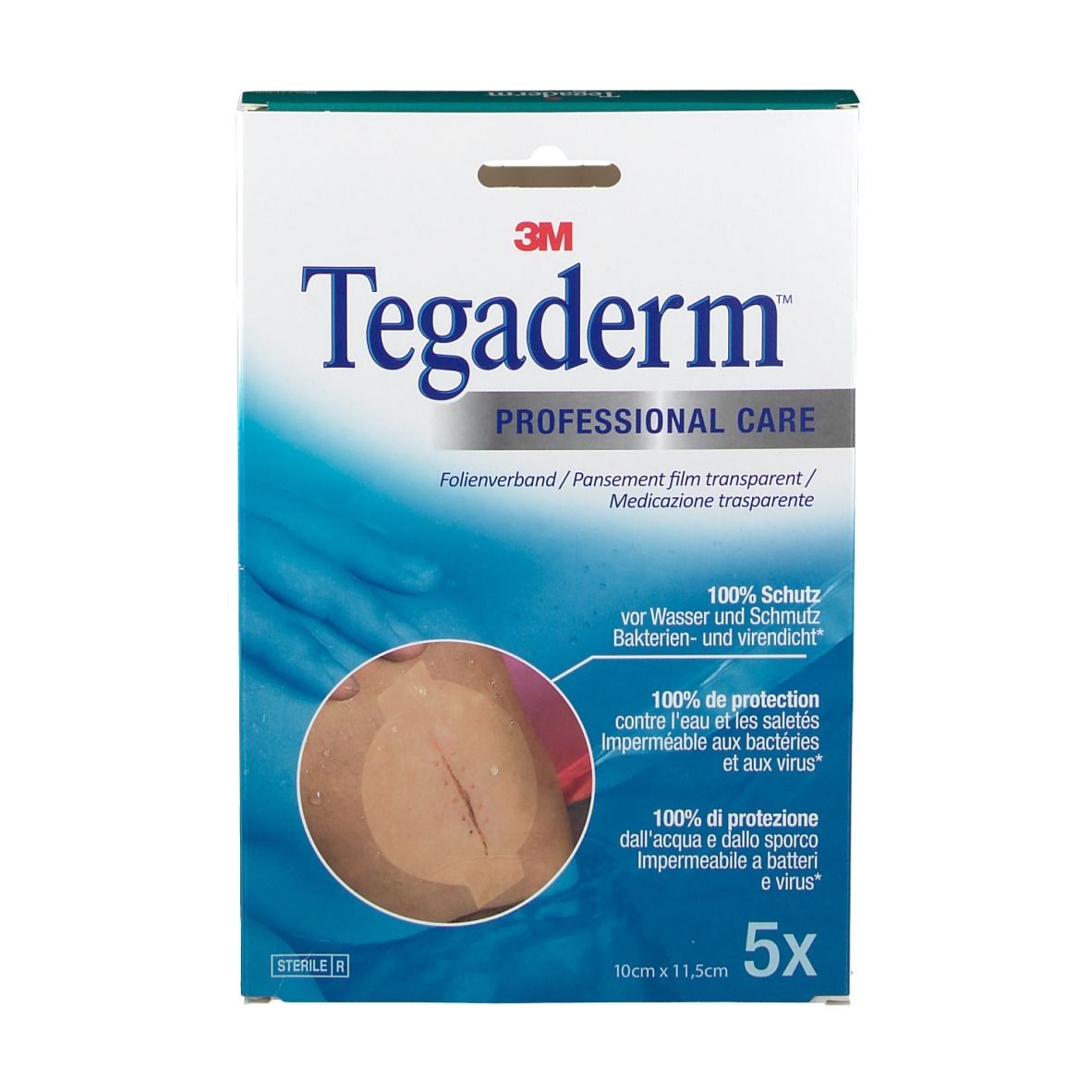 Confezione 3M Tegaderm Professional Care. 5 pezzi. 10x11,5cm. Medicazione trasparente. Protezione 100% da acqua, sporco, batteri e virus.