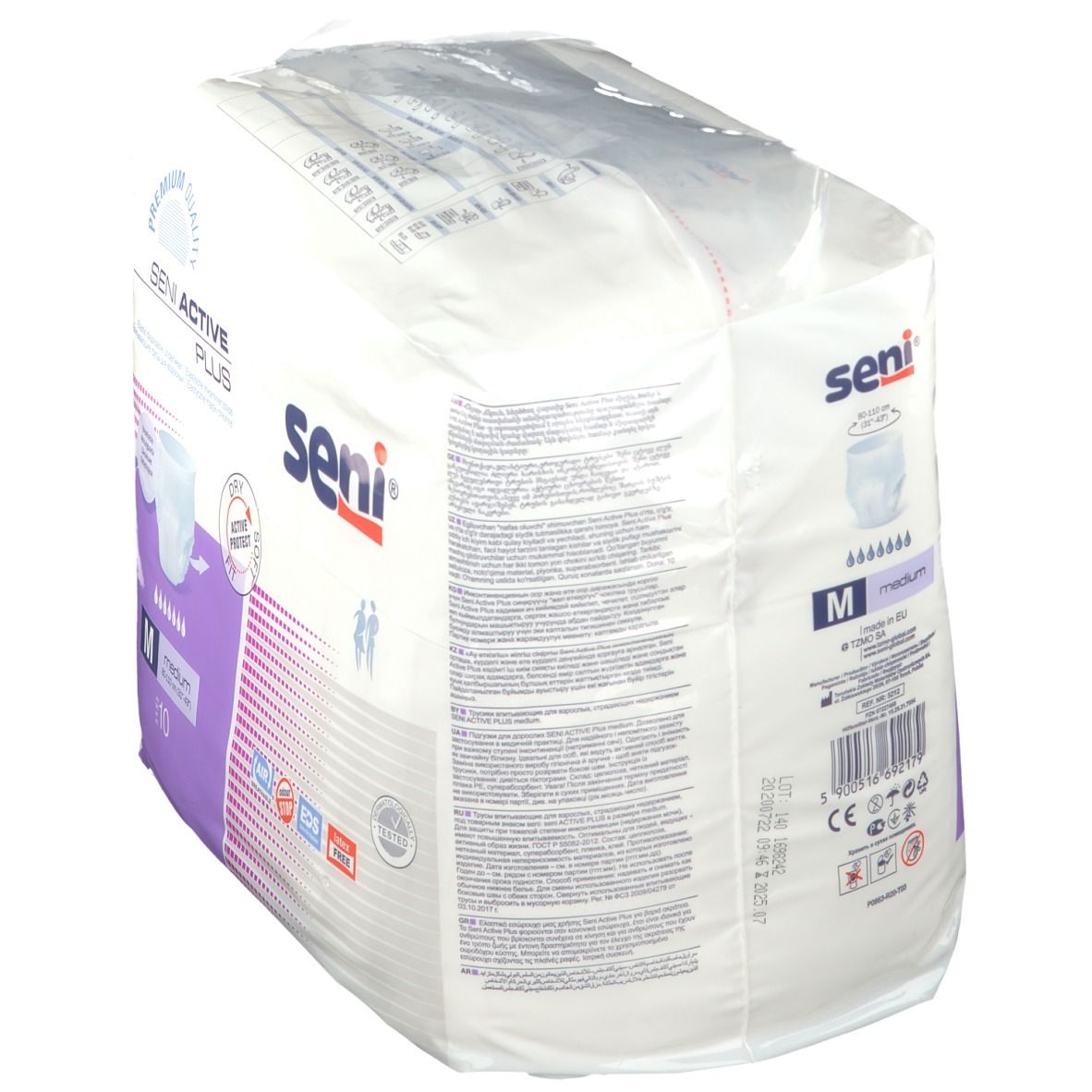 Confezione Seni Active Plus M, vista laterale. Testo: Seni Active Plus, M, informazioni in più lingue. Confezionato in plastica.