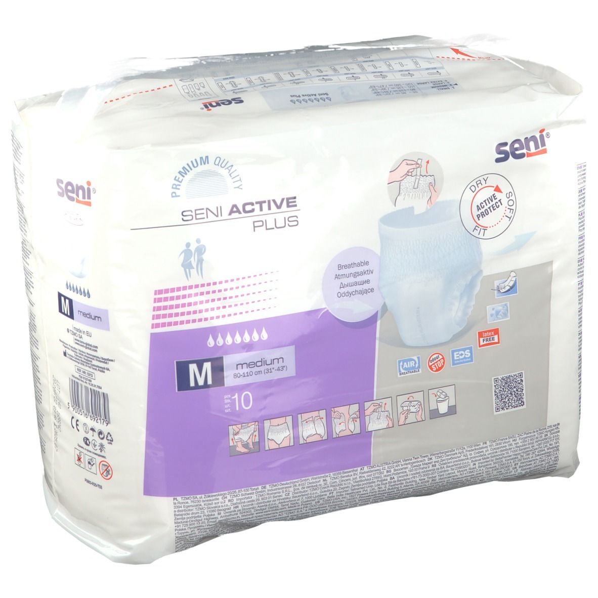 Confezione Seni Active Plus M. Scritte: Seni Active Plus, M, 10 pezzi, Dry Dry Fit, Premium Quality. Illustrazione di un pannolino. Confezionato in plastica.