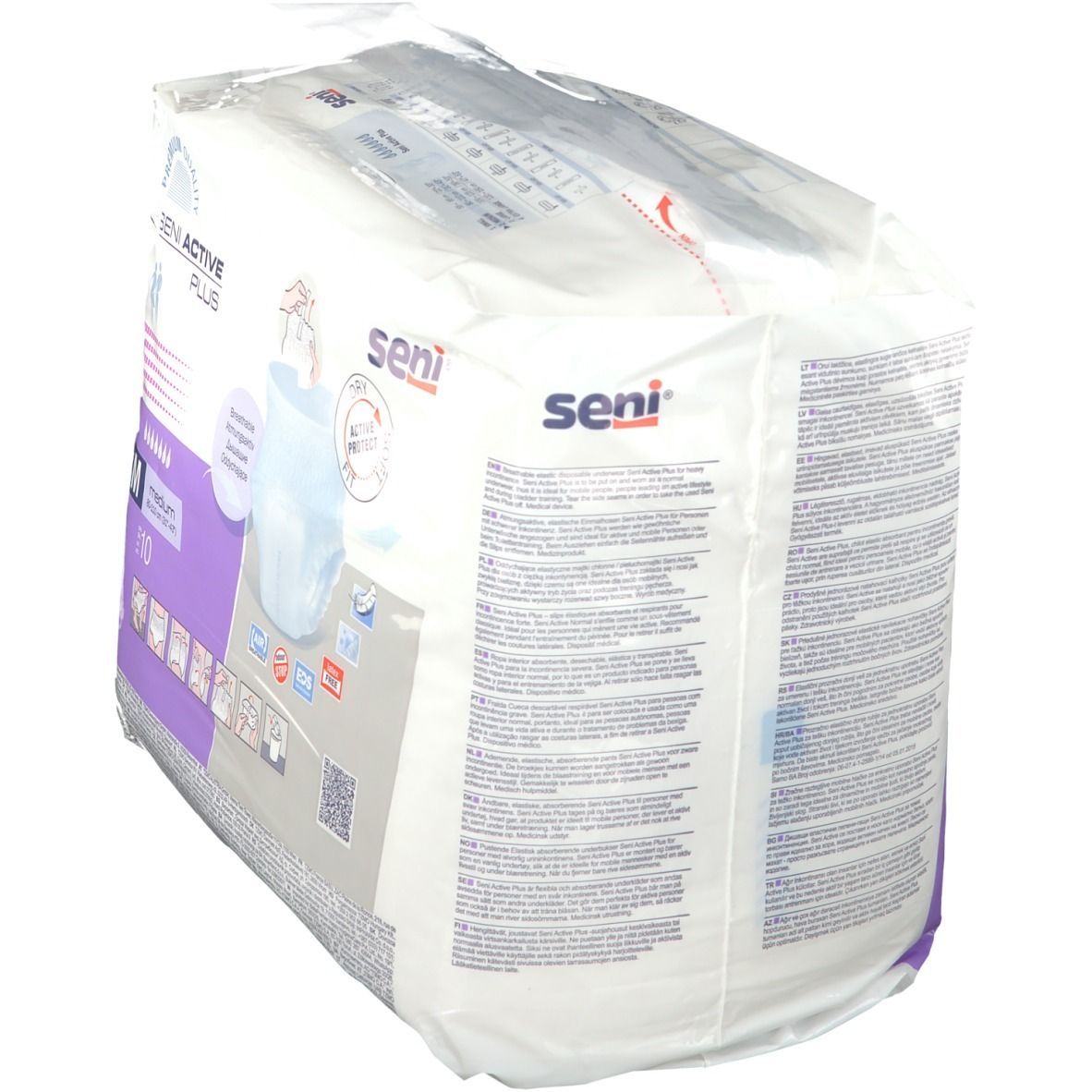 Confezione Seni Active Plus M, vista laterale. Testo: Seni Active Plus, M, informazioni in più lingue. Confezionato in plastica.