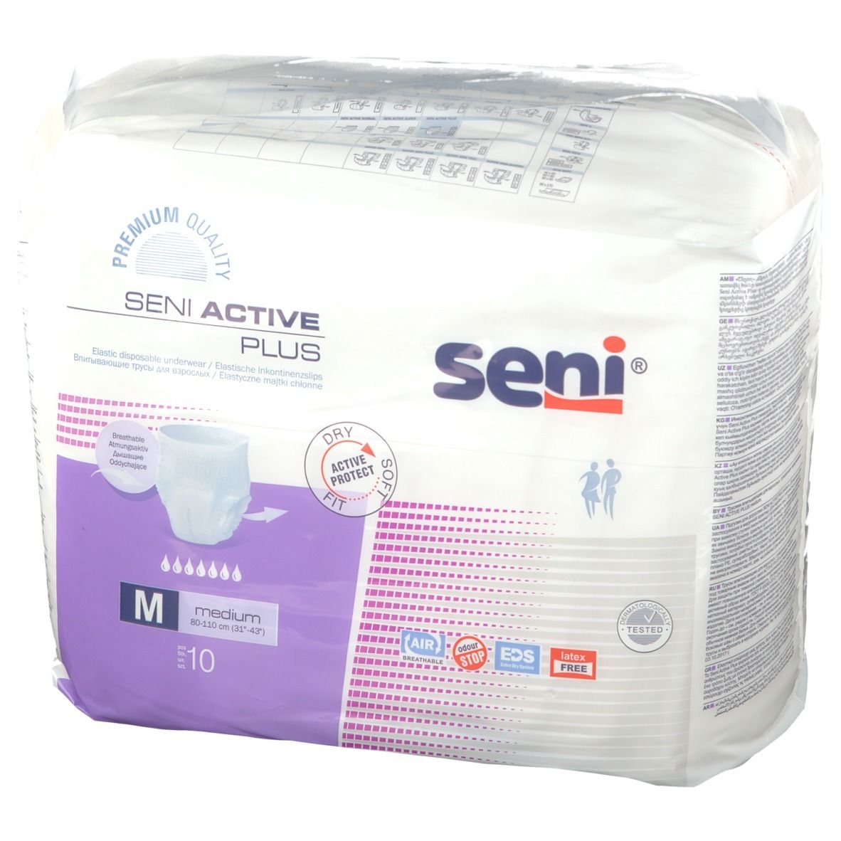 Confezione Seni Active Plus M. Scritte: Seni Active Plus, M, 10 pezzi, Dry Dry Fit, Premium Quality. Confezionato in plastica.