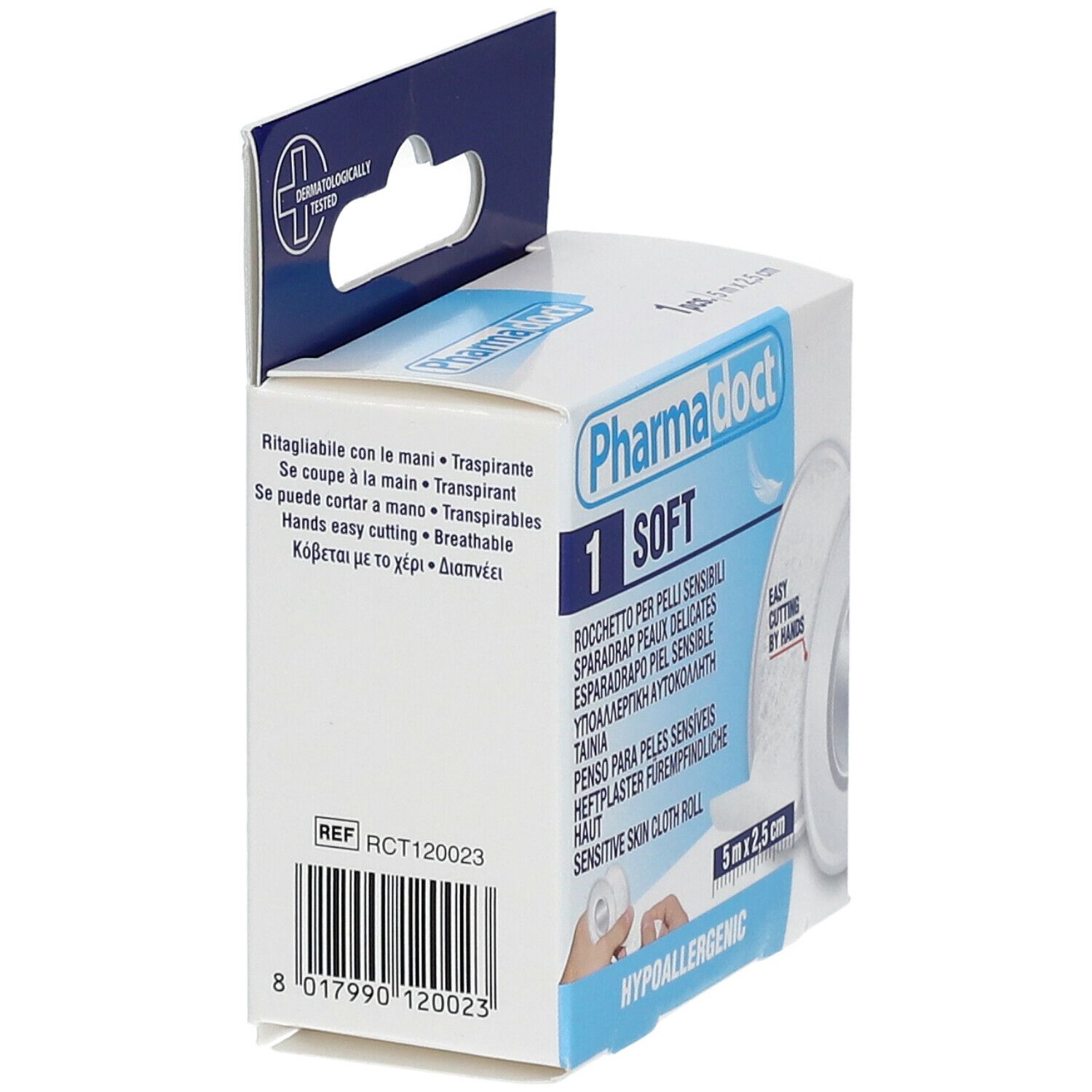 Vista laterale della confezione di cerotto Pharmadoct. Nome del prodotto, dimensioni 5 m x 2,5 cm e testi multilingue visibili.