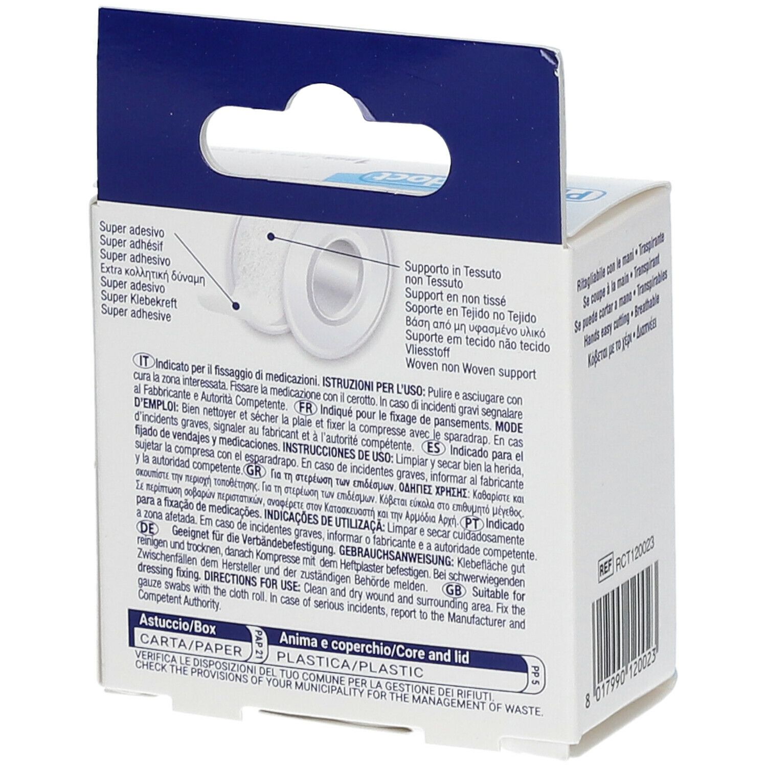 Retro della confezione di cerotto Pharmadoct. Informazioni sull'uso e ingredienti. Testo multilingue.