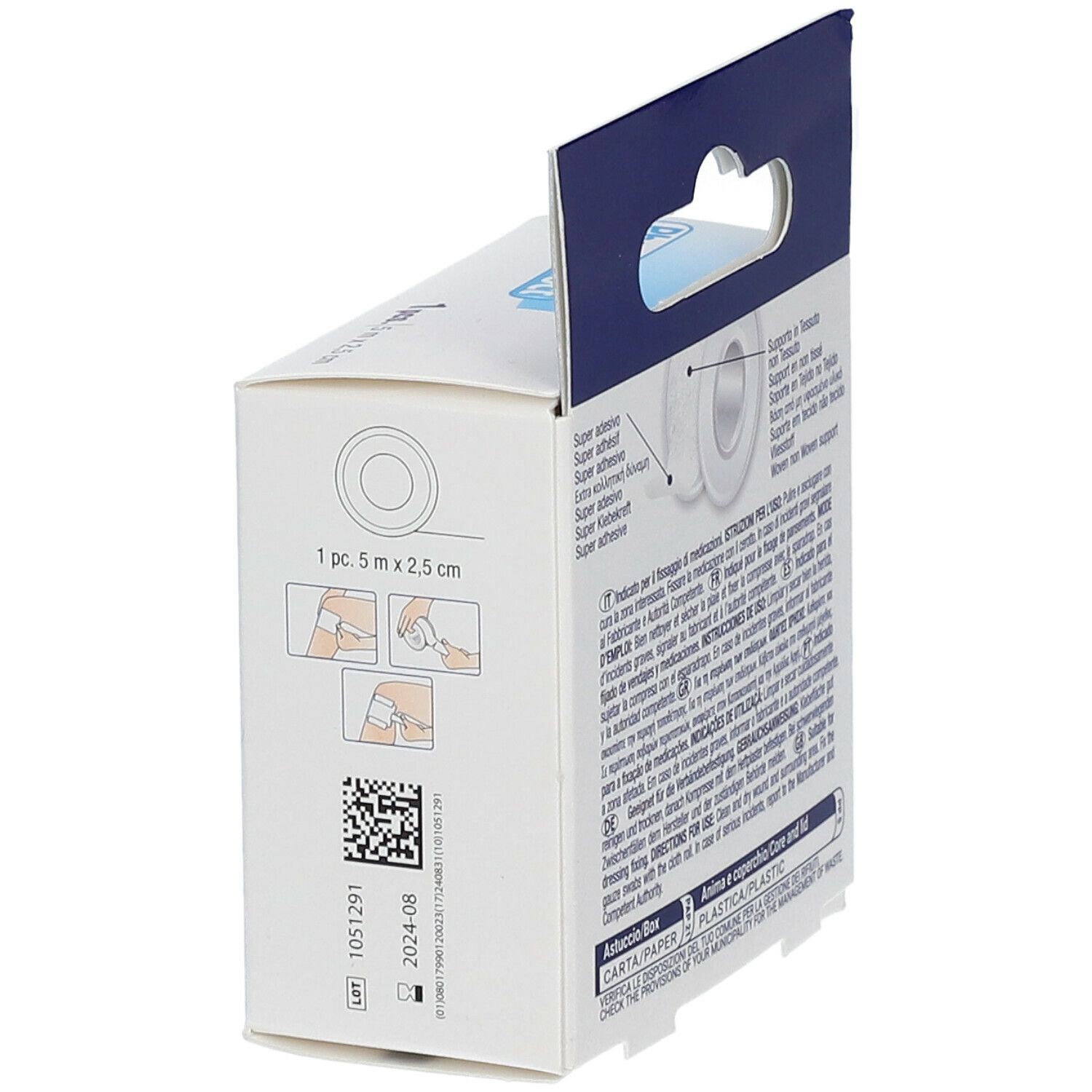 Vista laterale della confezione di cerotto Pharmadoct. Nome del prodotto, dimensioni 5 m x 2,5 cm ed esempi di utilizzo.