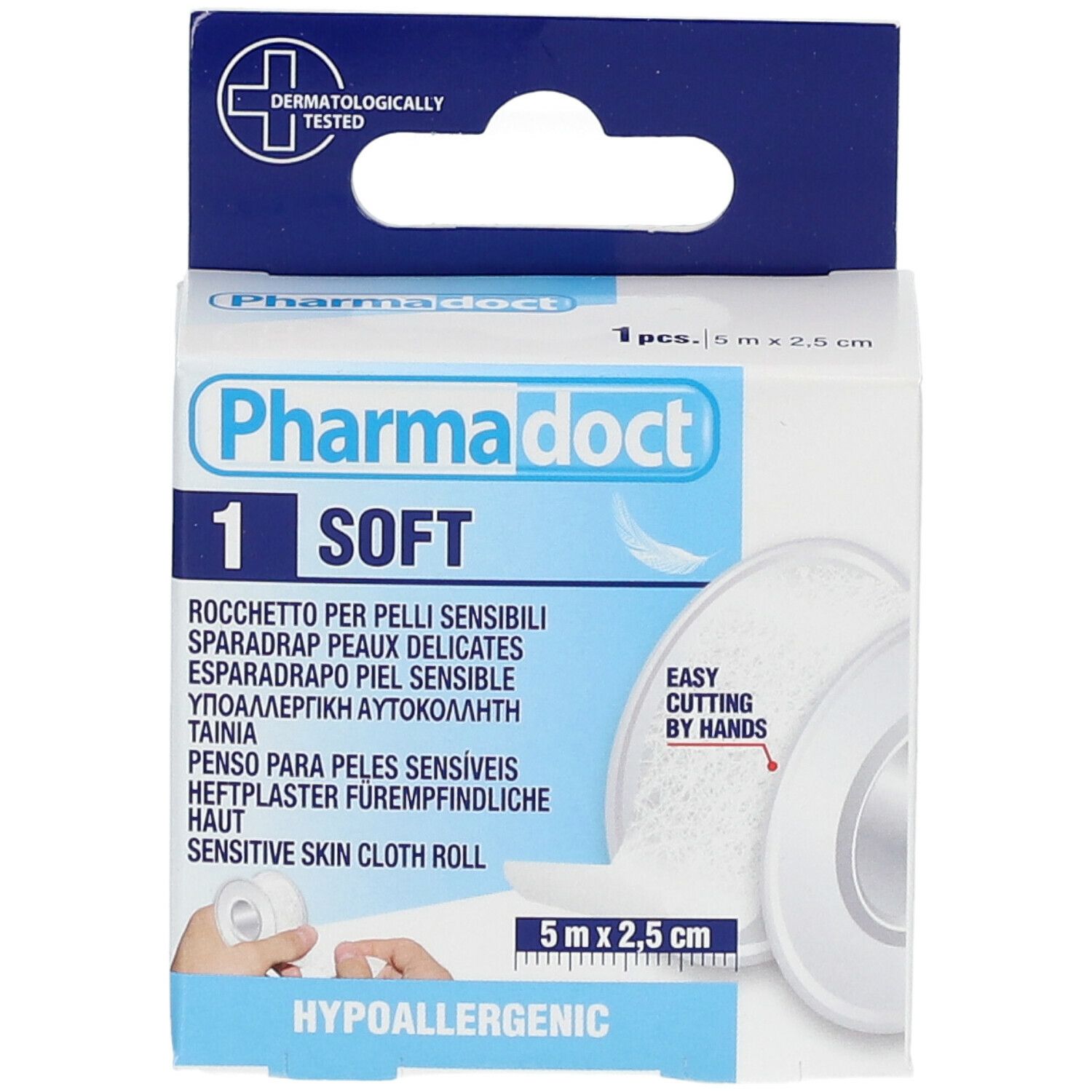 Vista frontale della confezione di cerotto Pharmadoct. Rotolo, 5 m x 2,5 cm. Ipoallergenico. Dermatologicamente testato. Testi multilingue.