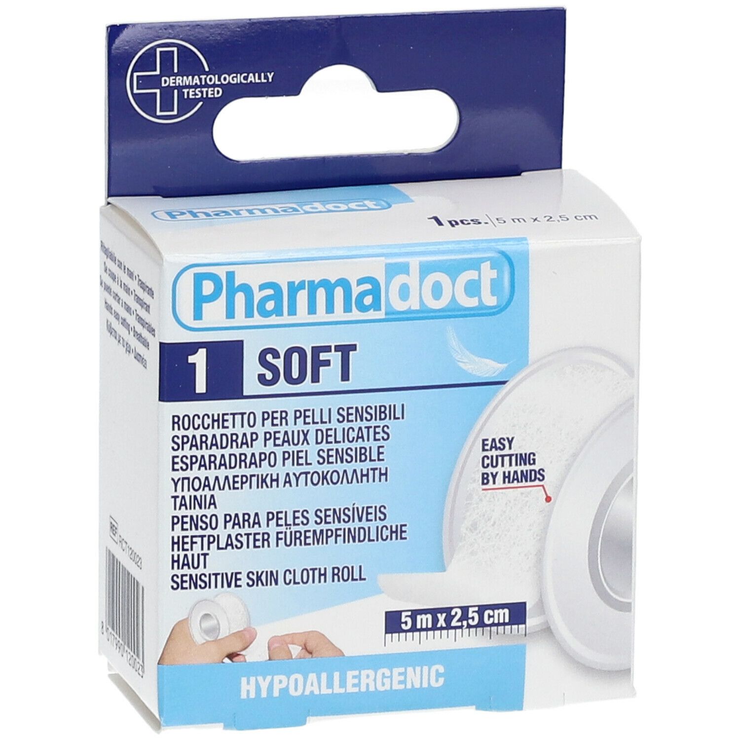 Vista frontale della confezione di cerotto Pharmadoct. Rotolo, 5 m x 2,5 cm. Ipoallergenico. Dermatologicamente testato. Testi multilingue.