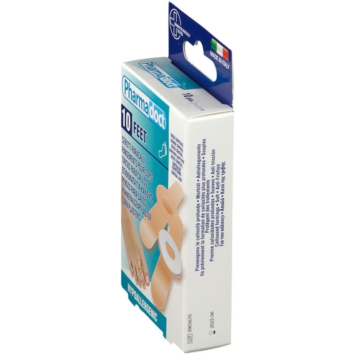 Vista laterale della confezione da 10 cerotti. Marchio Pharmadoct. Immagine dei cerotti.