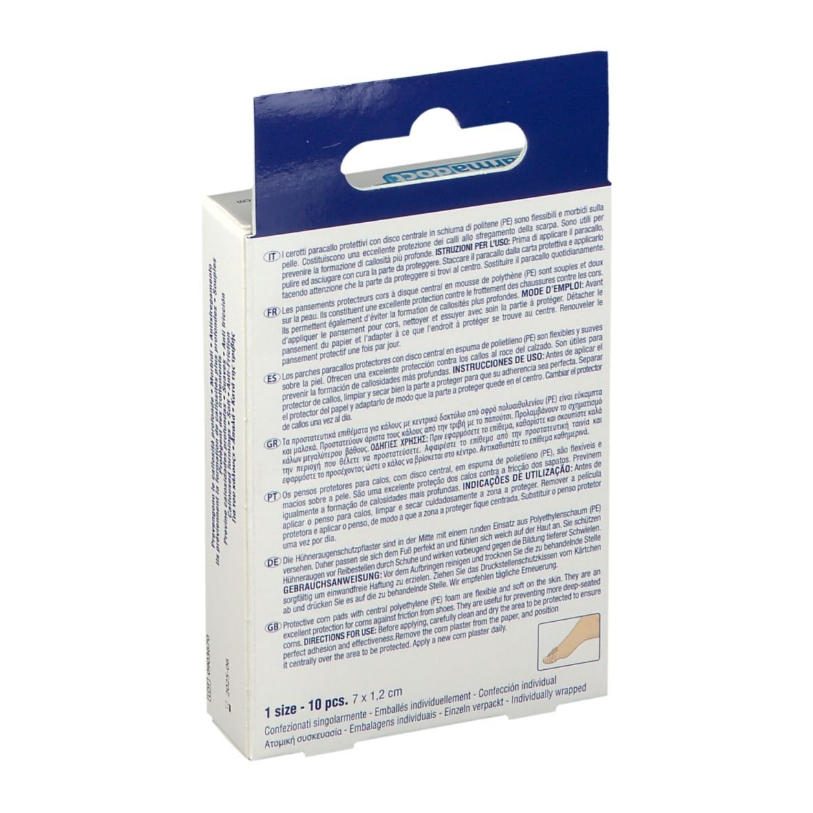 Retro della confezione con testo multilingue. Contiene istruzioni e informazioni sulle dimensioni.