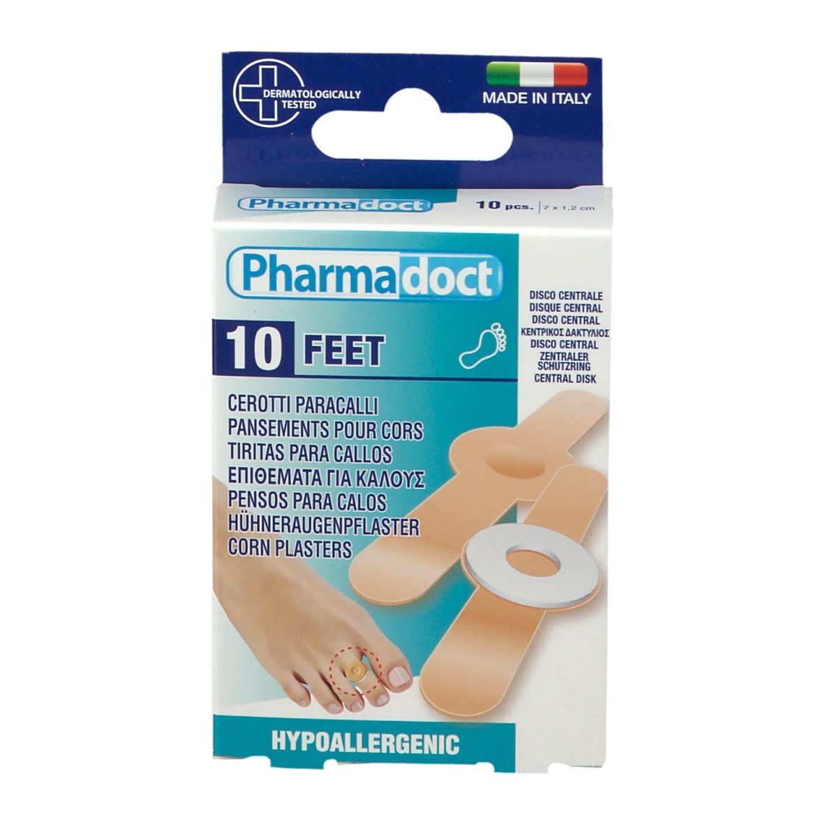 Confezione da 10 cerotti per piedi Pharmadoct. Ipoallergenico. Immagine di un piede e cerotti.