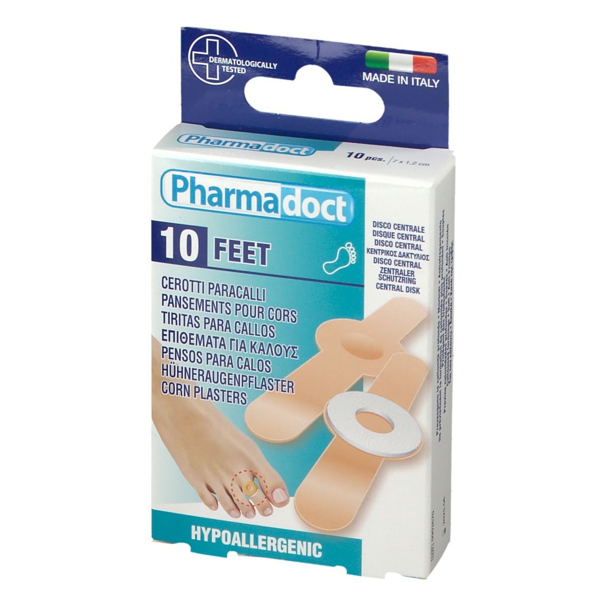 Confezione da 10 cerotti per piedi Pharmadoct. Ipoallergenico. Immagine di un piede e cerotti.