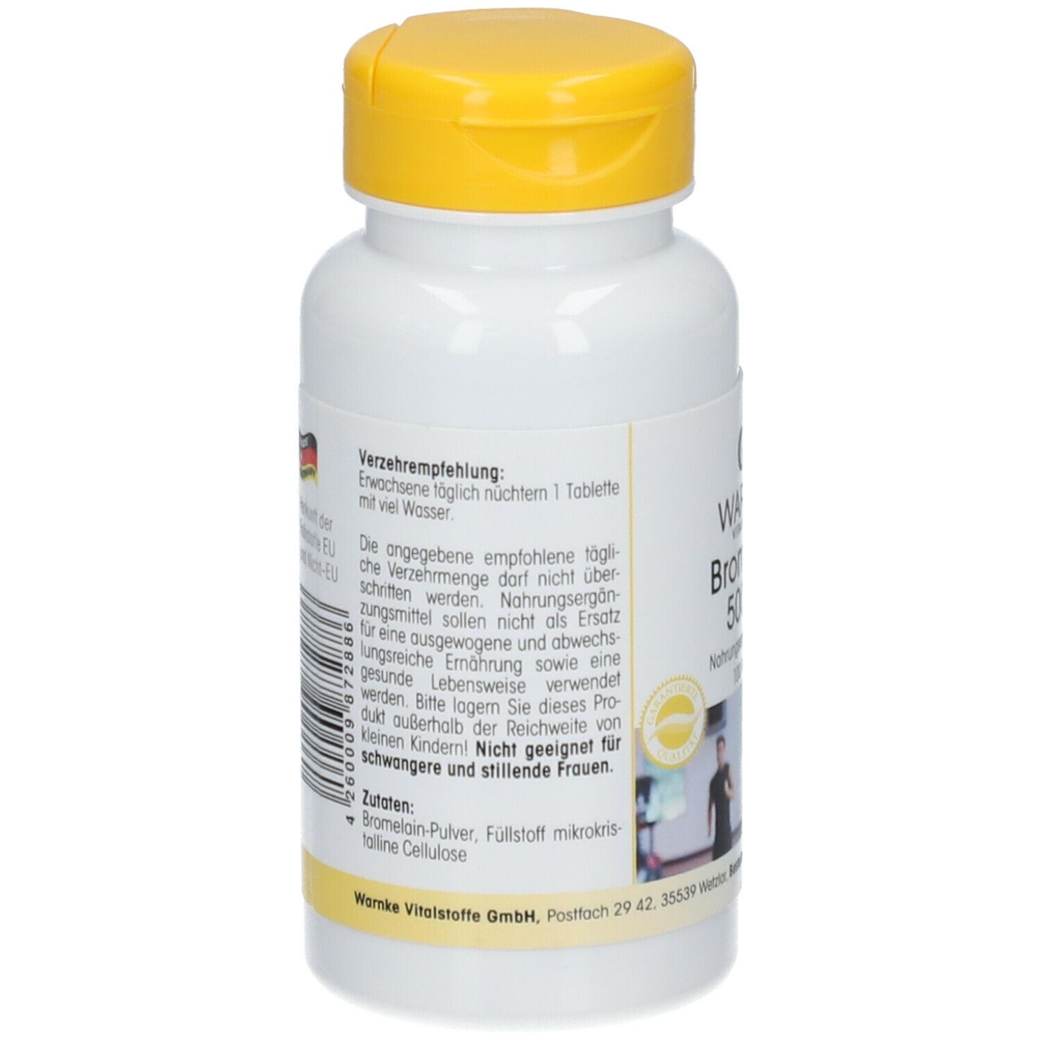 Retro del flacone di compresse. Testo con raccomandazioni e ingredienti. Prodotto in Germania. Donna in palestra.