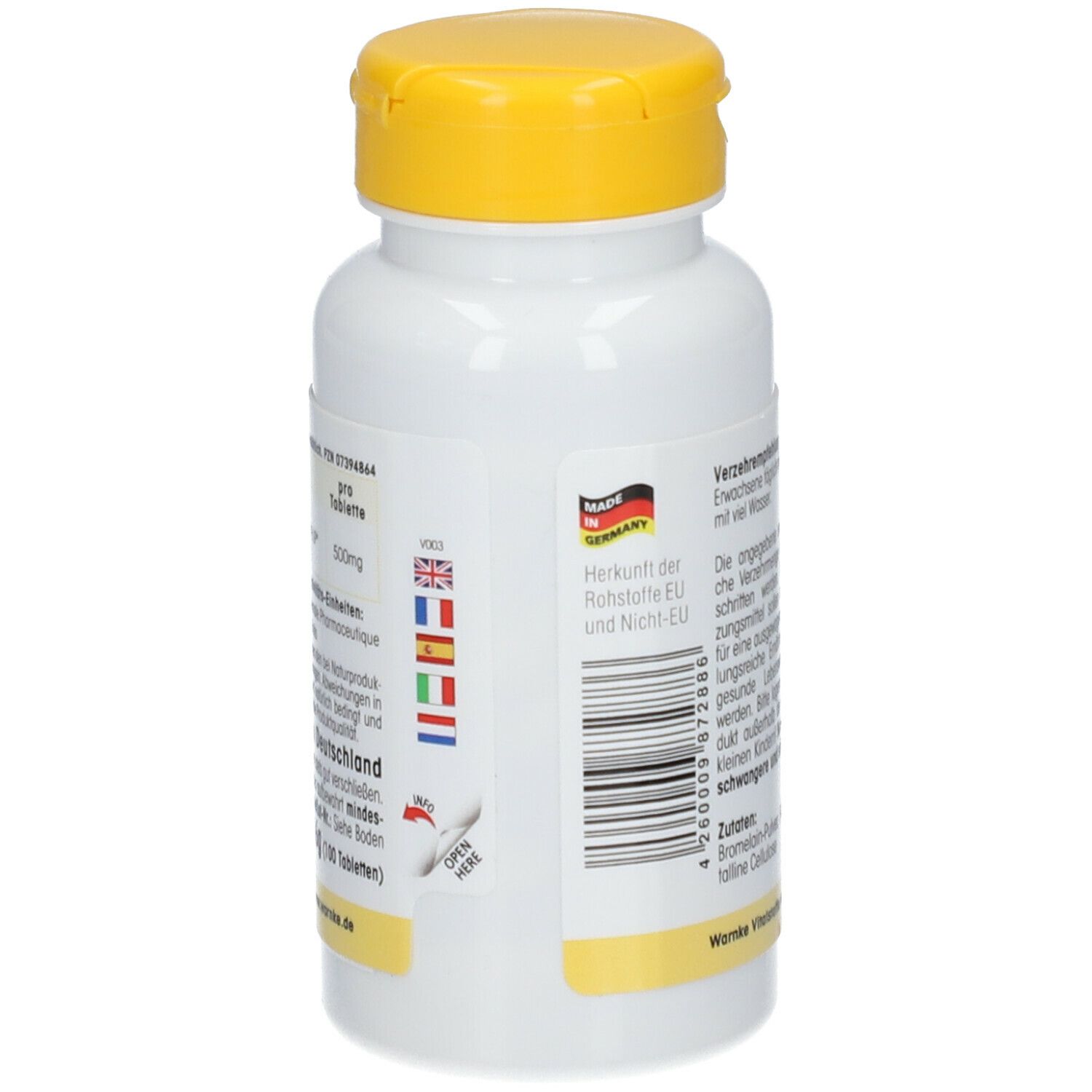 Retro del flacone di compresse. Testo, prodotto in Germania. Bandiere dei paesi dell'UE. Codice a barre. Apri qui.