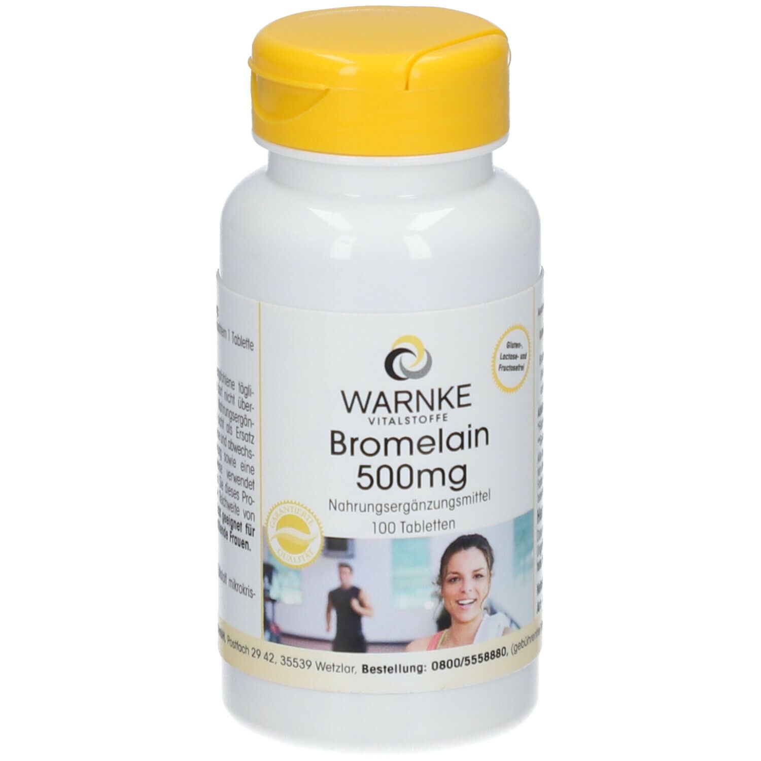 Flacone di compresse bianco con coperchio giallo. Scritta: WARNKE Bromelain 500mg. 100 compresse. Donna in palestra.