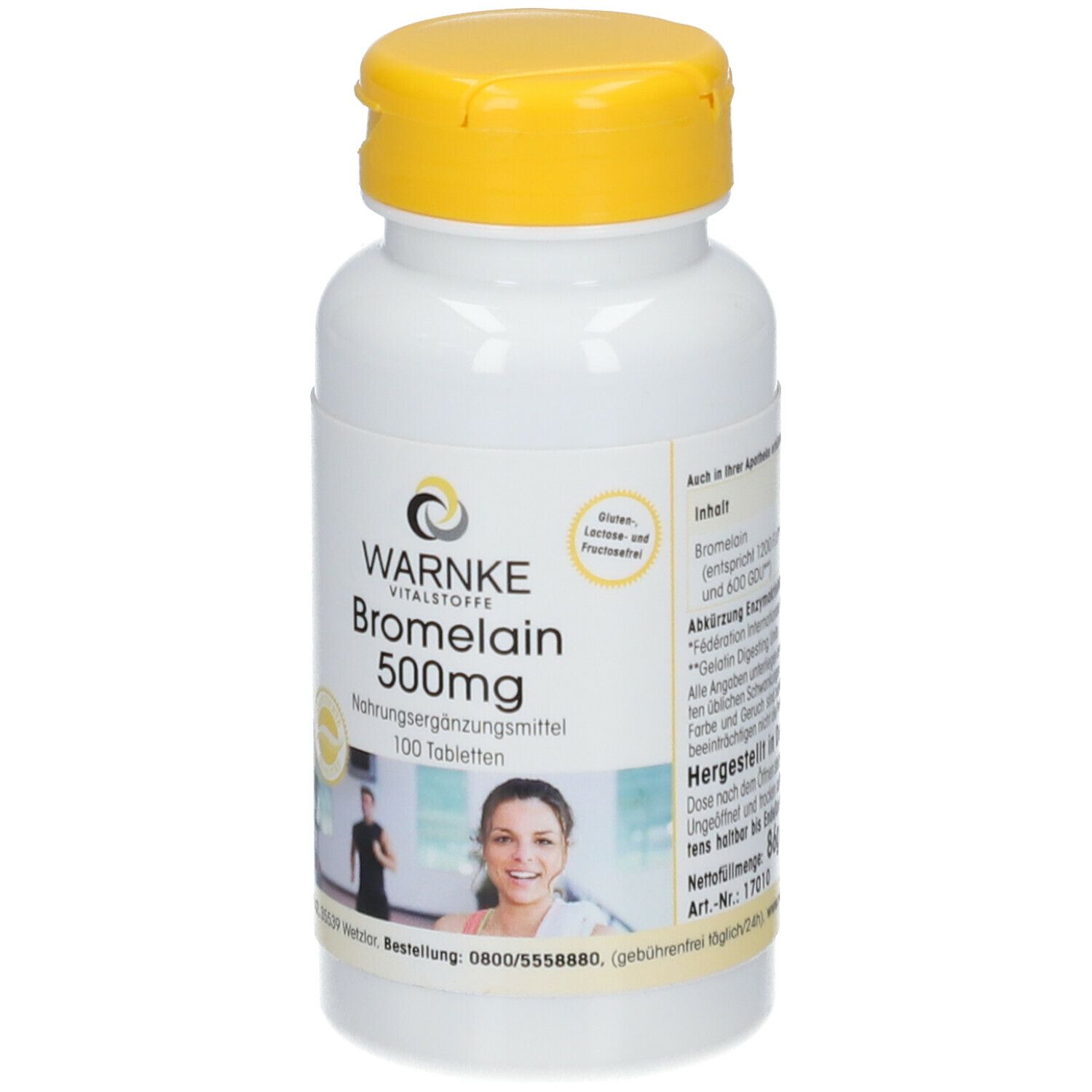 Flacone di compresse bianco con coperchio giallo. Scritta: WARNKE Bromelain 500mg. 100 compresse. Donna in palestra.