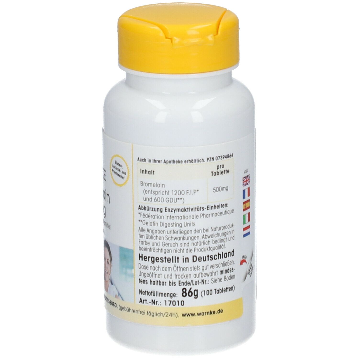 Retro del flacone di compresse. Testo, prodotto in Germania. Ingredienti. Peso netto 86g. 100 compresse.