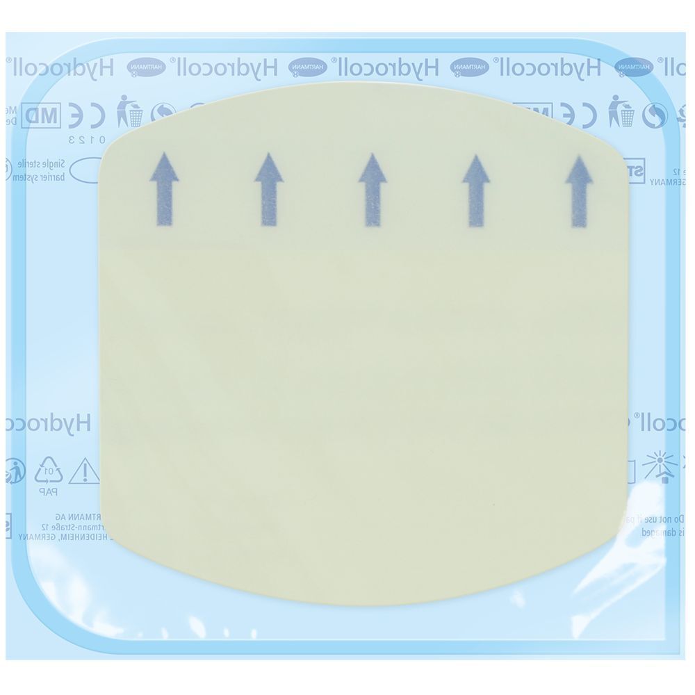 Singola medicazione Hydrocoll thin in confezione di plastica. Frecce indicano la direzione di applicazione.