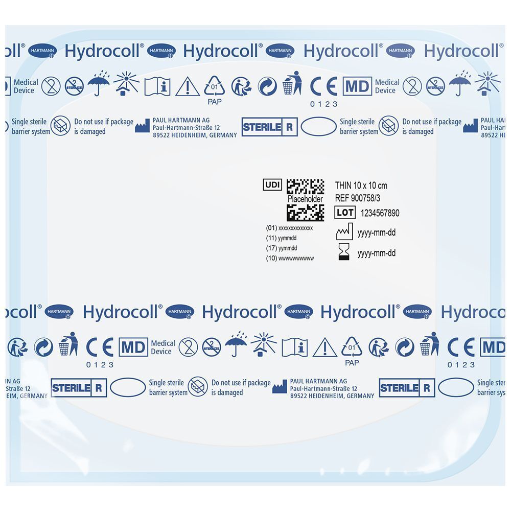 Informazioni sulla confezione di Hydrocoll thin. Testo con informazioni sul prodotto, numero di lotto, data di scadenza e certificazioni.