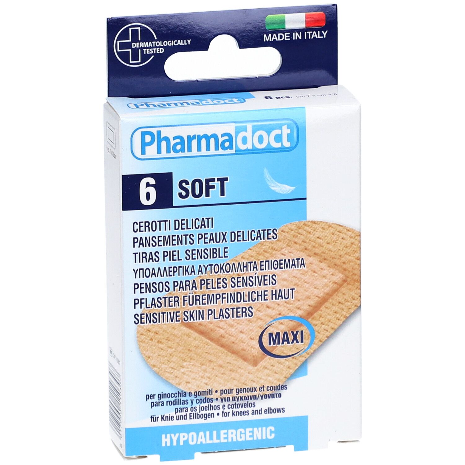 Confezione di cerotti per pelli delicate Pharmadoct, 6 pezzi. Made in Italy. Con gancio.