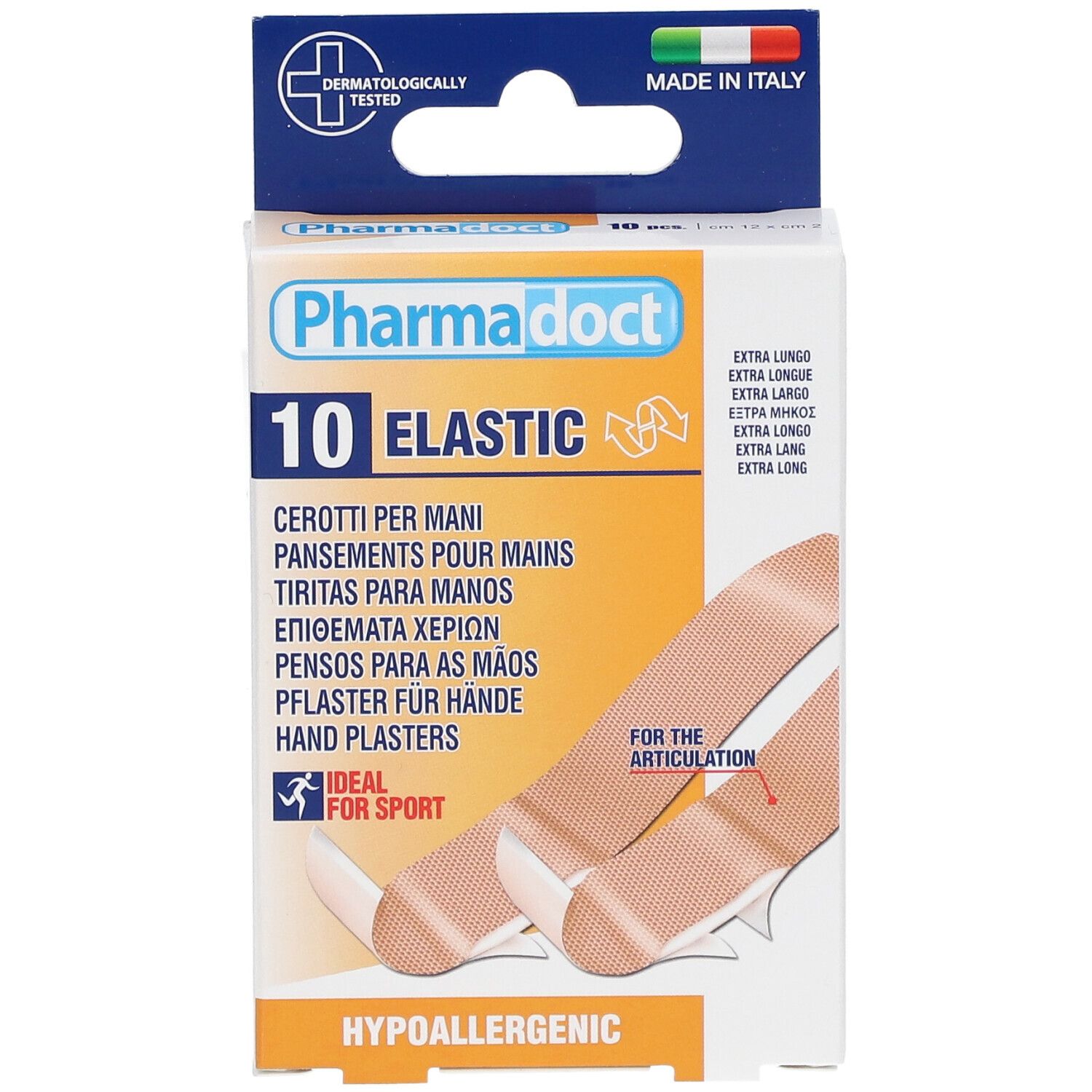 Vista frontale della confezione di 10 cerotti elastici. Marchio Pharmadoct, testato dermatologicamente, ideale per lo sport. Prodotto in Italia.