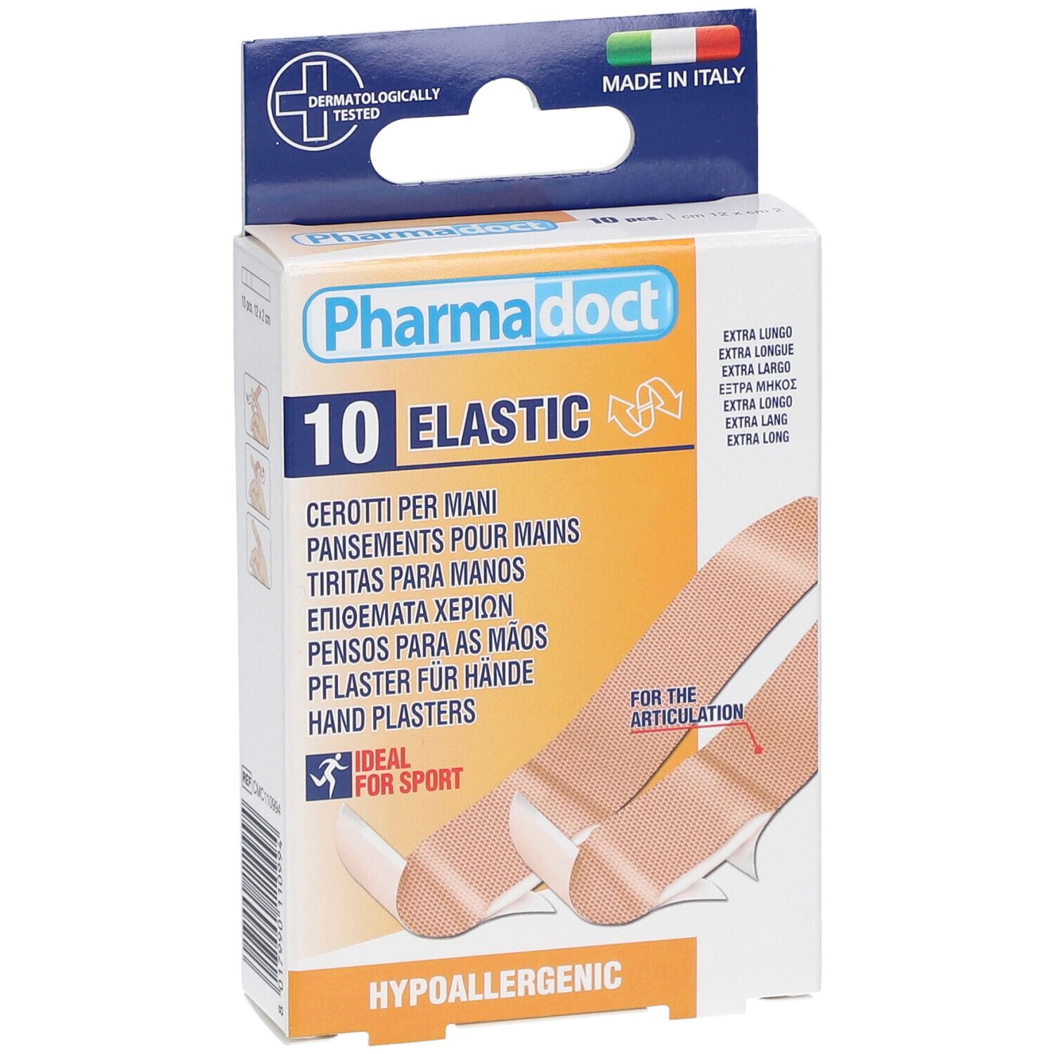Vista frontale della confezione di 10 cerotti elastici. Marchio Pharmadoct, testato dermatologicamente, ideale per lo sport. Prodotto in Italia.