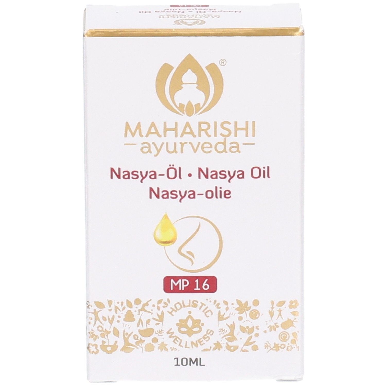 Confezione bianca con logo e testo dorati. Scritta: Nasya-Öl, 10ml. Con MP 16 e un simbolo del naso.