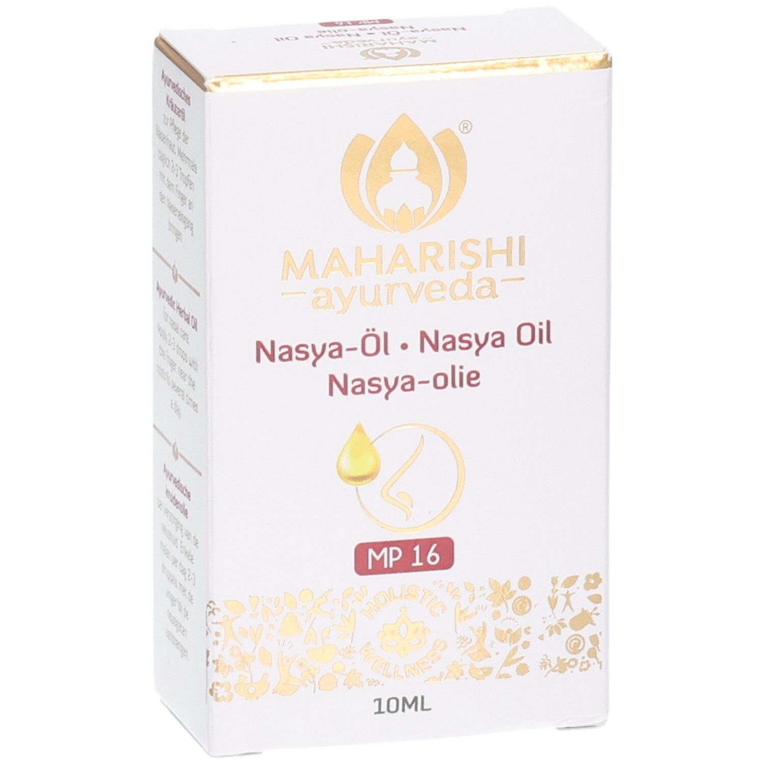 Confezione prodotto bianca con dettagli dorati. Scritta: Nasya-Öl, MP 16, 10ml. Vista obliqua.