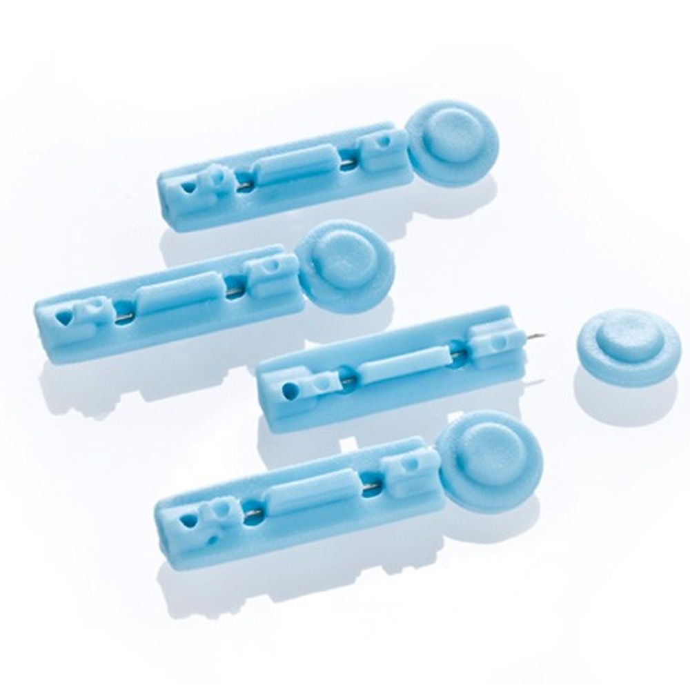 Lancette blu. Quattro pezzi, uno separato. Forma rotonda con corpo rettangolare. Sterili.