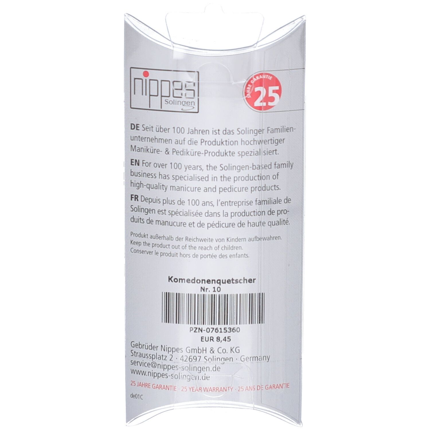 Retro della confezione. Testo in tedesco, inglese, francese. Codice a barre, prezzo. Marchio: nippes Solingen. 25 anni di garanzia.