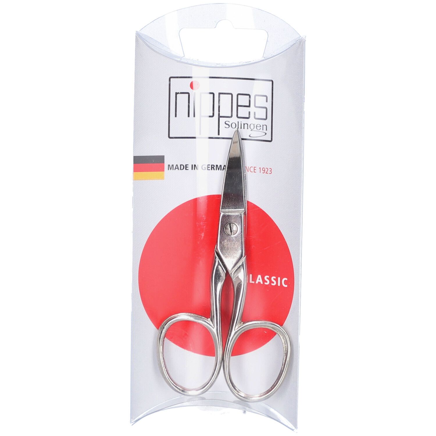 Tronchesi per unghie in confezione trasparente. Metallo argentato, manici arrotondati, lame appuntite. Logo "nippes Solingen".