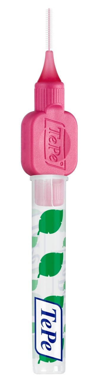 Scovolino rosa in un contenitore trasparente. Marchio TePe. Foglie verdi sul contenitore.