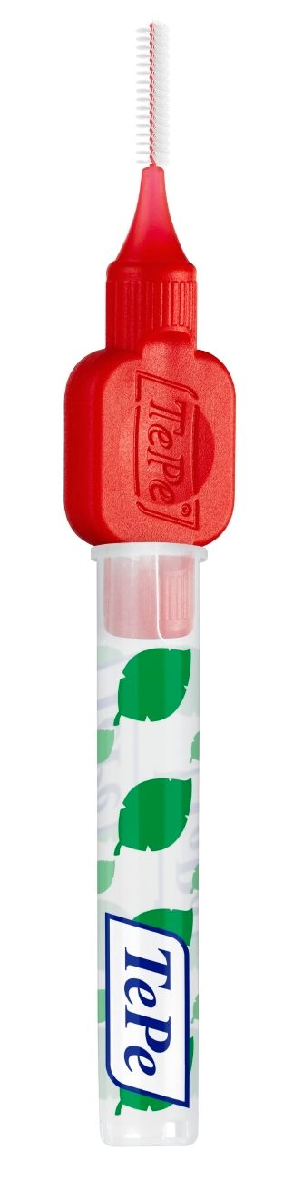 Tappo rosso su contenitore trasparente con foglie verdi e logo TePe.