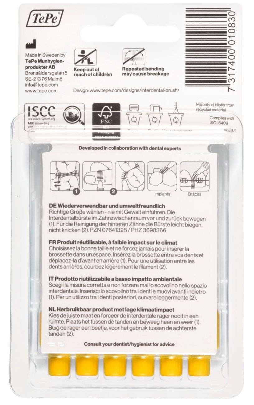 Retro della confezione blister con informazioni sul prodotto. Certificazione FSC. Simboli di riciclaggio. Marchio TePe.