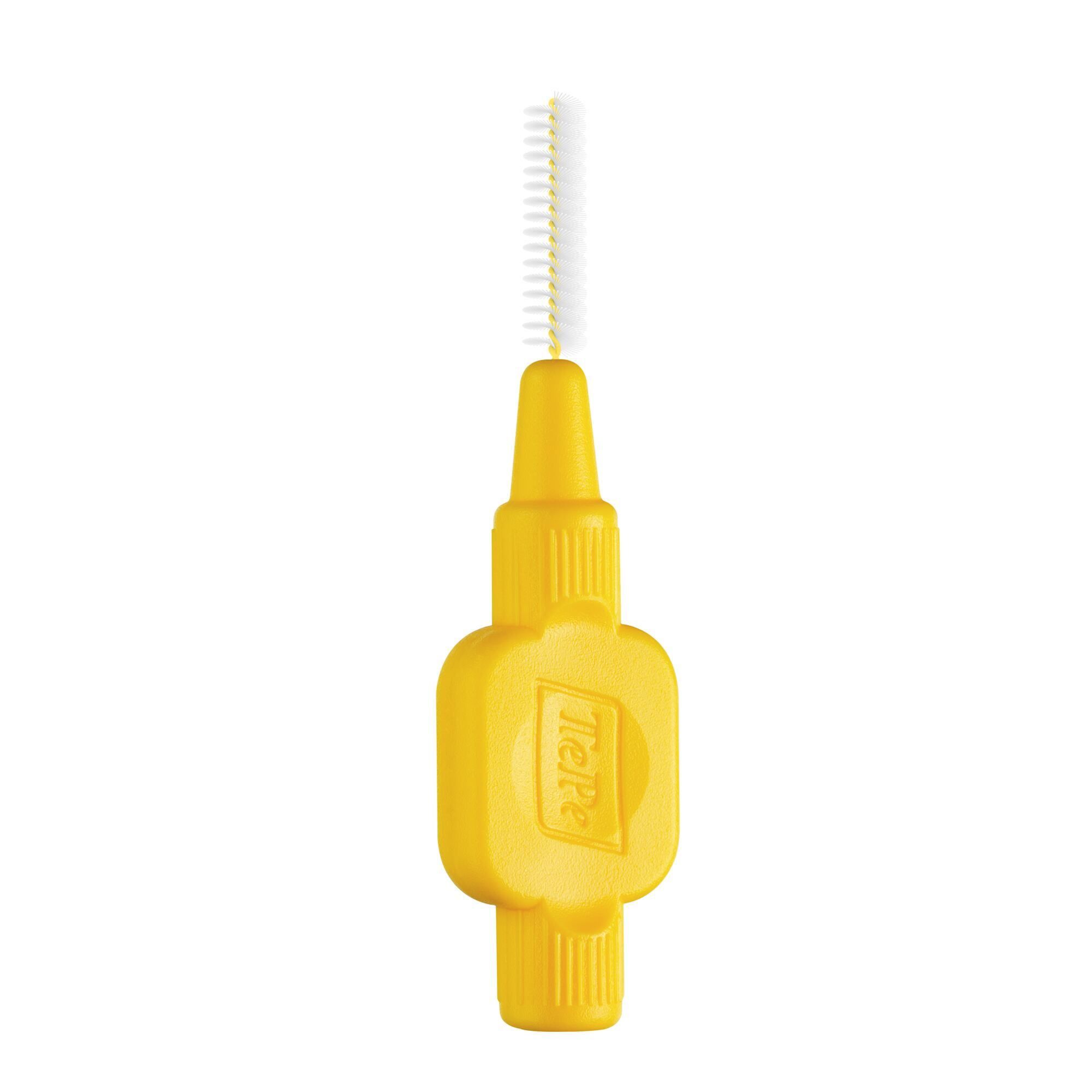Spazzolino interdentale giallo. Manico cilindrico, testina. Marchio TePe.