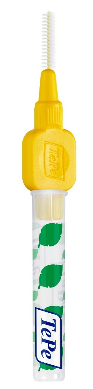 Spazzolino interdentale giallo con manico trasparente. Testina. Marchio TePe.