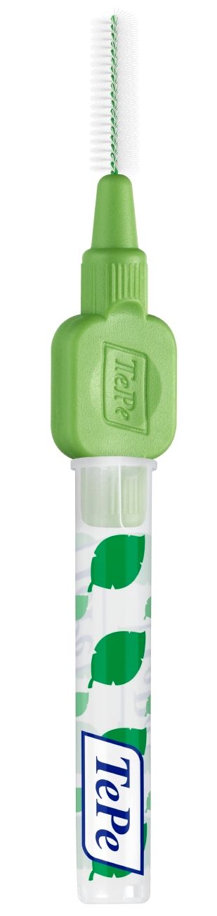 Spazzolino interdentale TePe verde con manico trasparente. Testina con setole bianche. Marchio TePe.