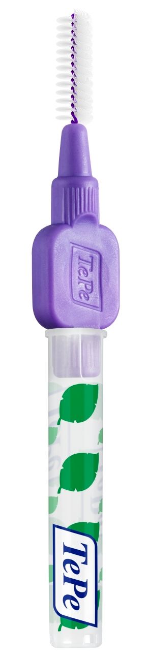 Spazzolino interdentale TePe viola con testina bianca e manico viola, in astuccio trasparente con motivo a foglie.