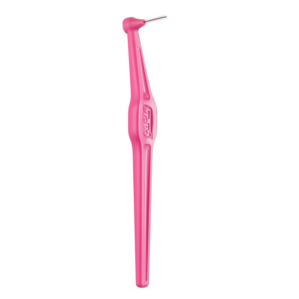 Uno scovolino interdentale rosa con testa angolata e sottile punta metallica.