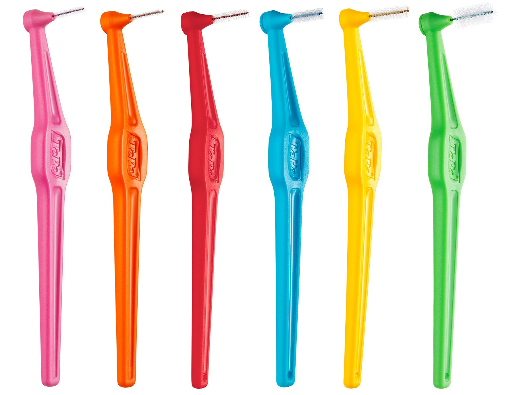 6 scovolini interdentali colorati. Colori: rosa, arancione, rosso, blu, giallo, verde. Marchio TePe visibile.