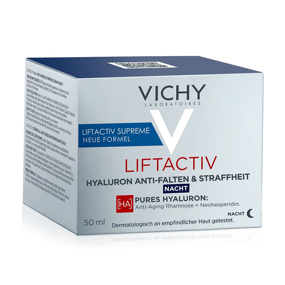 Crema notte Vichy Liftactiv Supreme. Confezione bianca, dettagli blu. 50 ml.