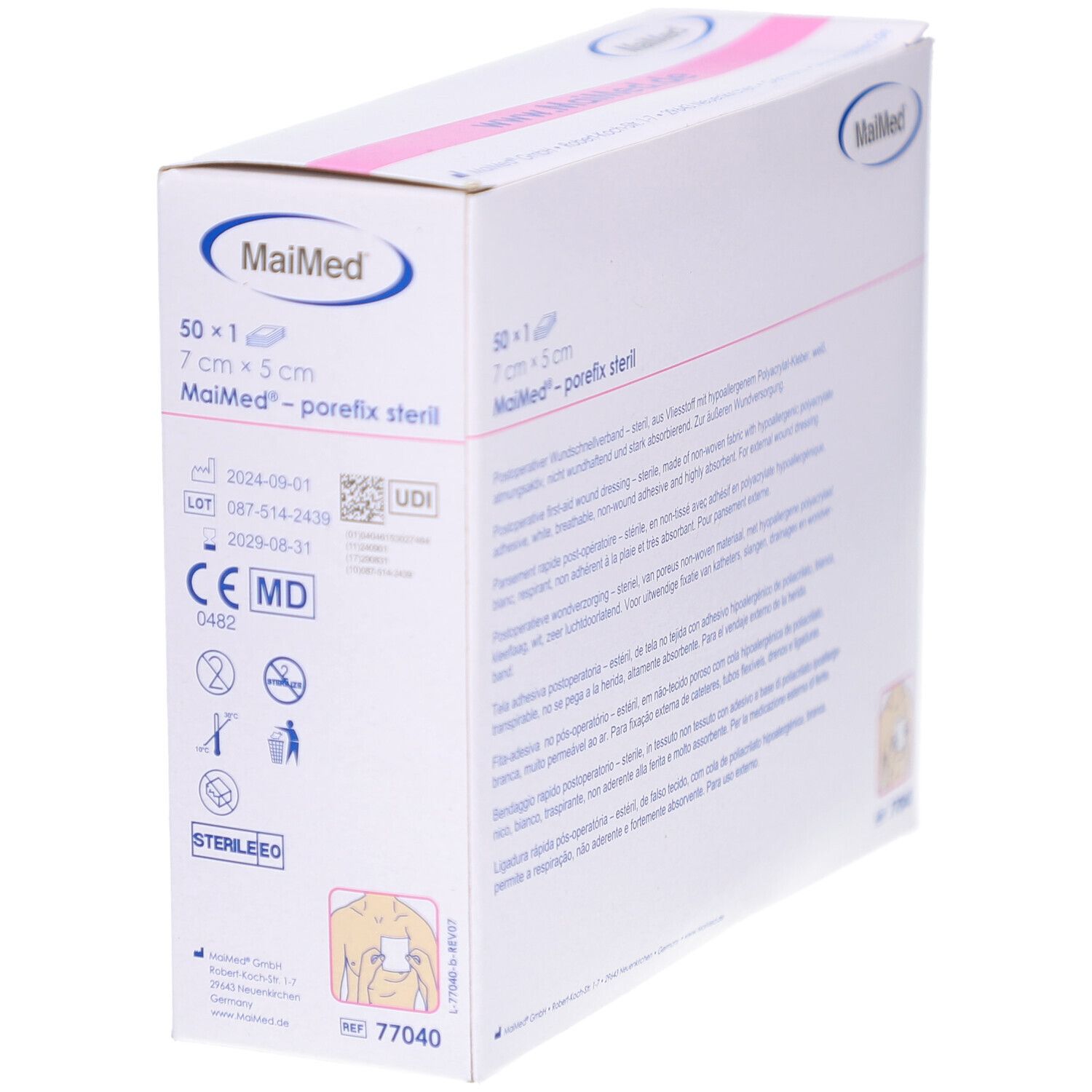 Confezione MaiMed porefix sterile. 50 pezzi, 7 x 5 cm. Scatola bianca con logo e informazioni. Dispositivo medico.