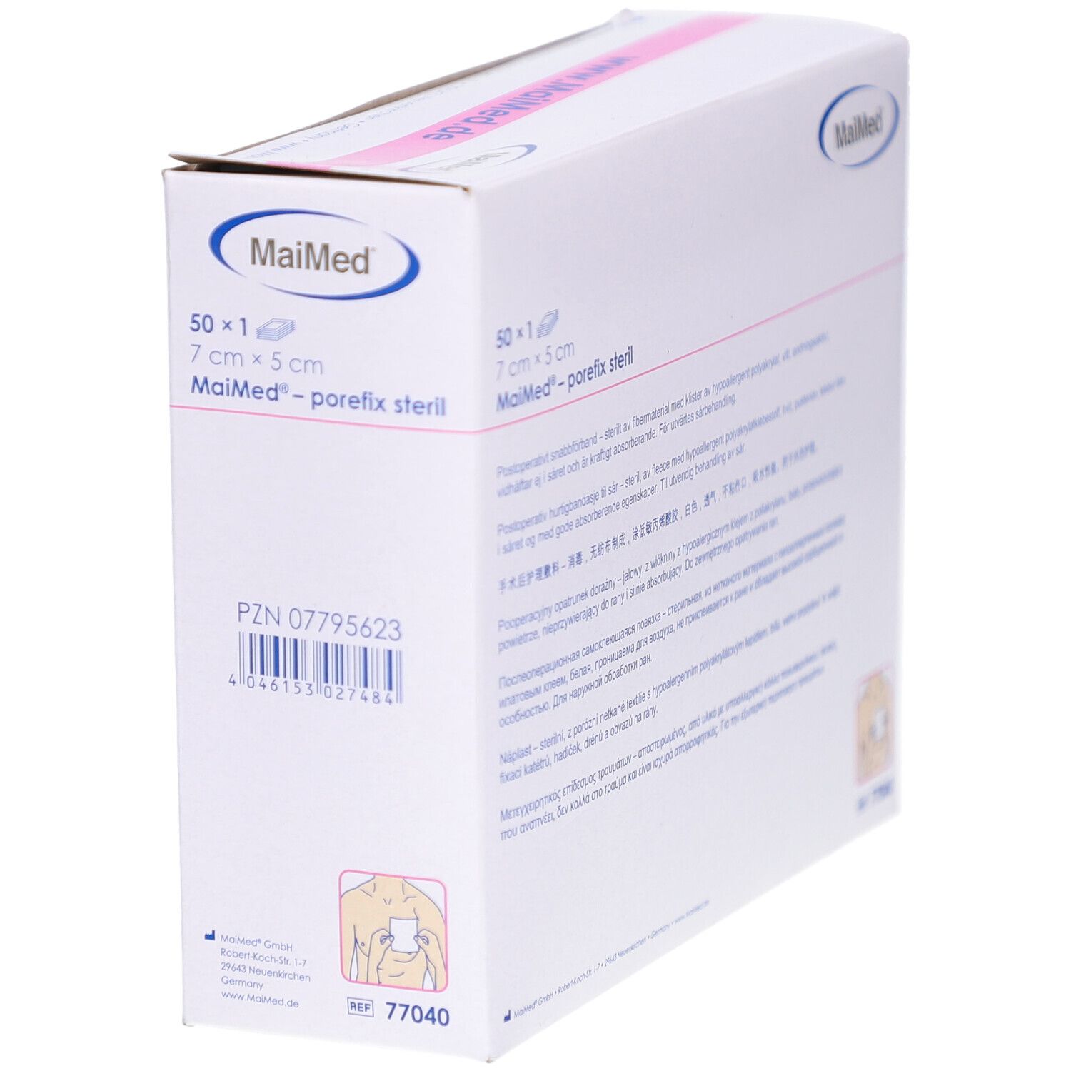 Confezione MaiMed porefix sterile. 50 pezzi, 7 x 5 cm. Scatola bianca con informazioni e logo. Dispositivo medico.