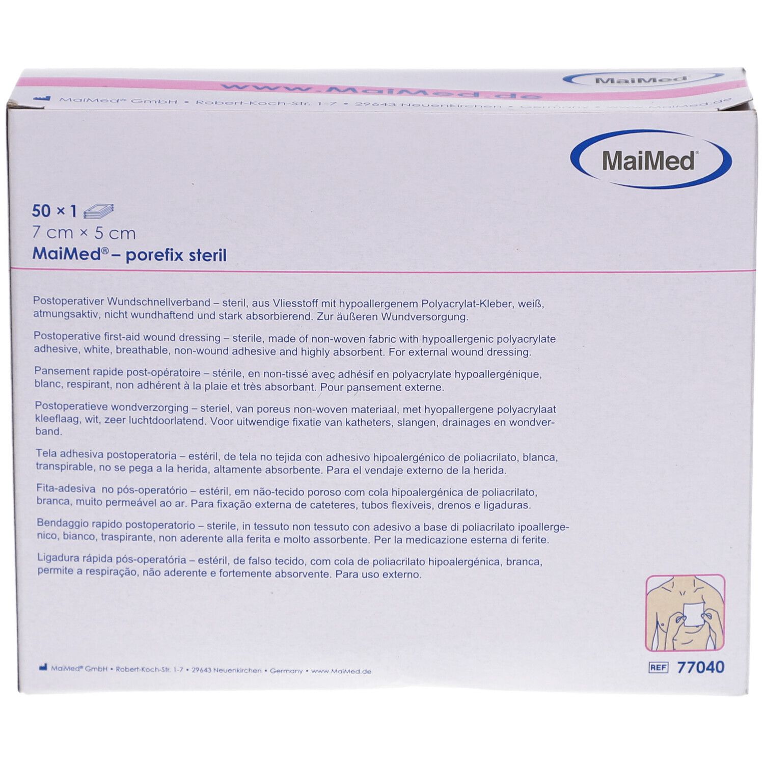 Confezione MaiMed porefix sterile. 50 pezzi, 7 x 5 cm. Scatola bianca con informazioni e logo. Dispositivo medico.