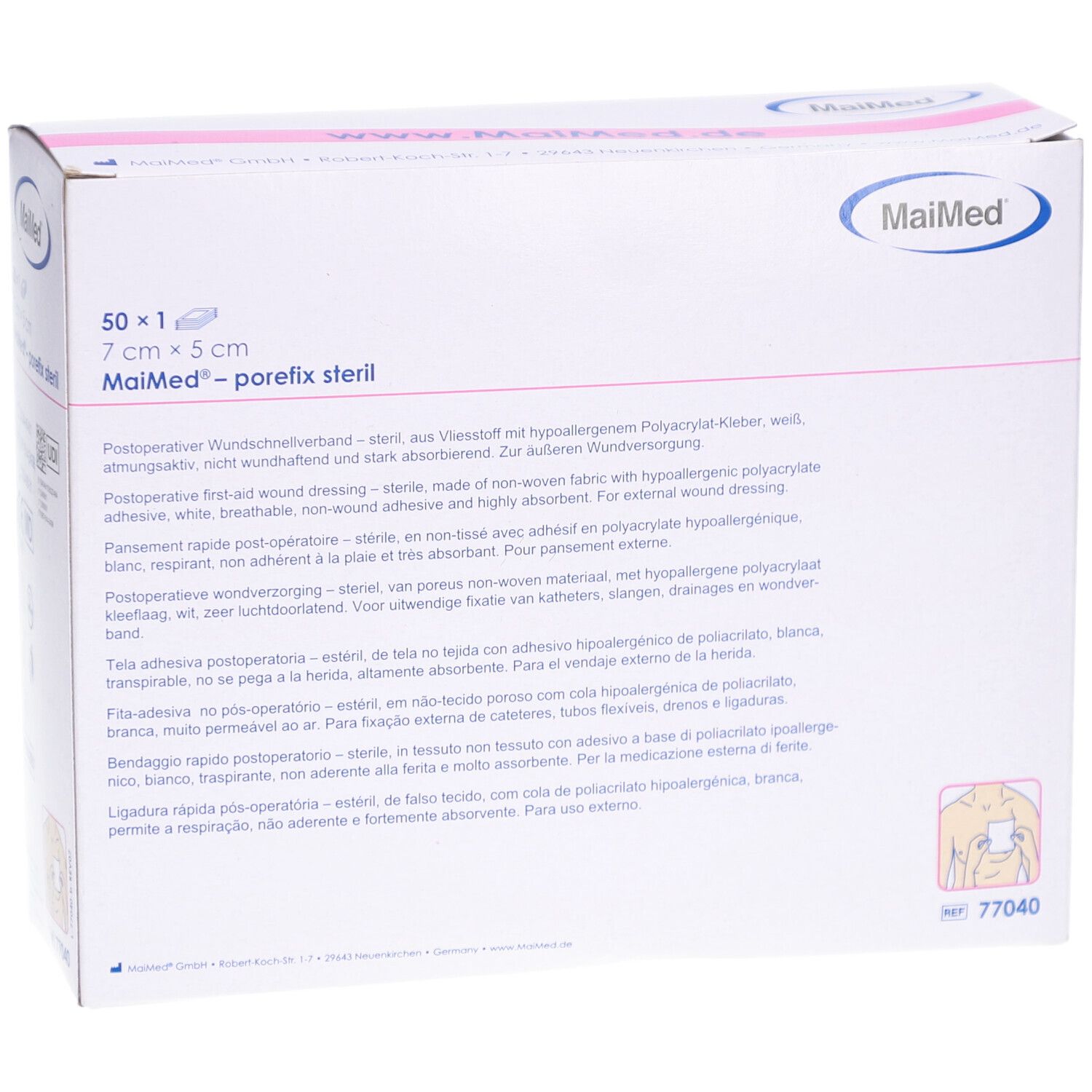 Confezione MaiMed porefix sterile. 50 pezzi, 7 x 5 cm. Scatola bianca con informazioni e logo. Dispositivo medico.