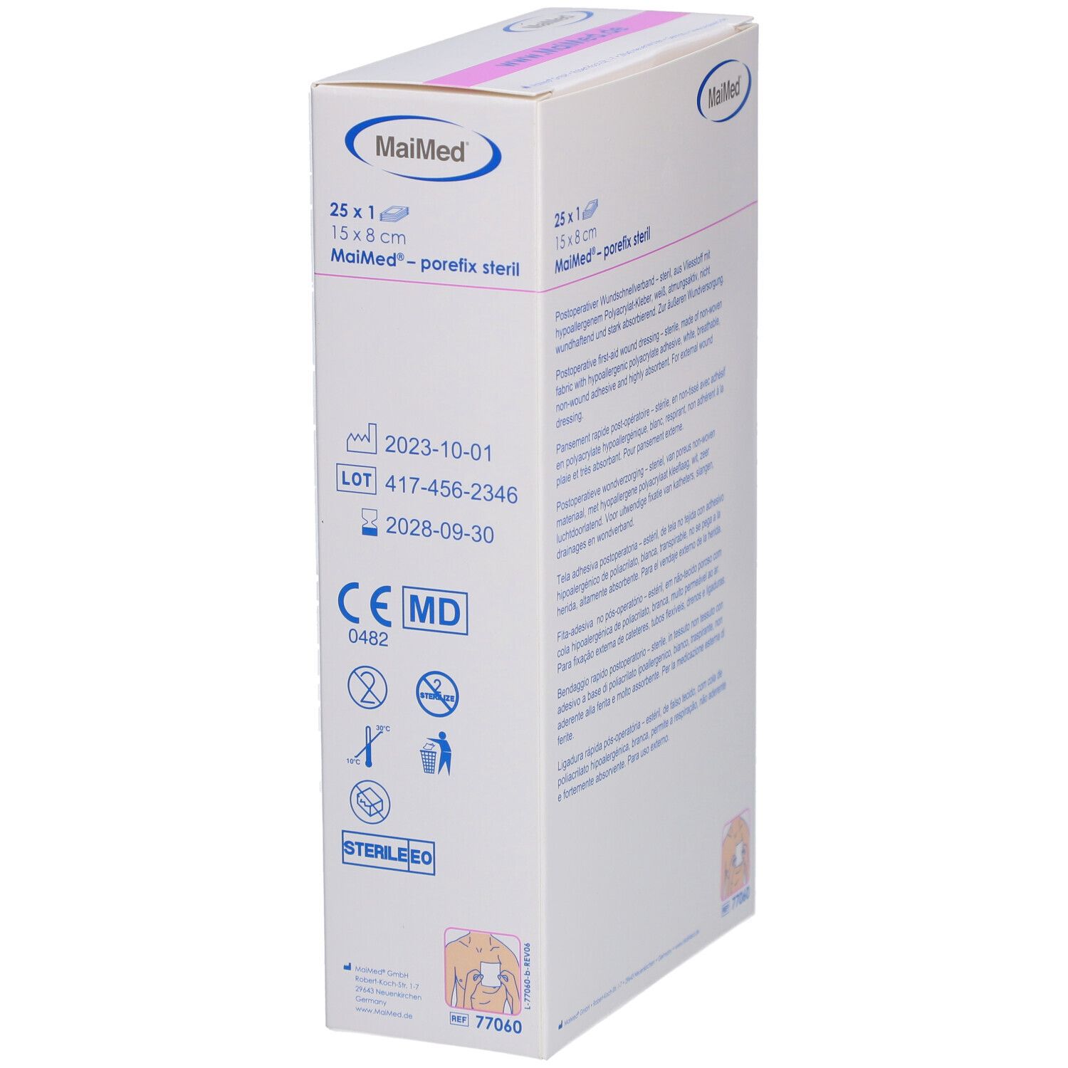 Confezione MaiMed porefix. Scatola bianca con logo, numero di lotto, scadenza e marchio CE.