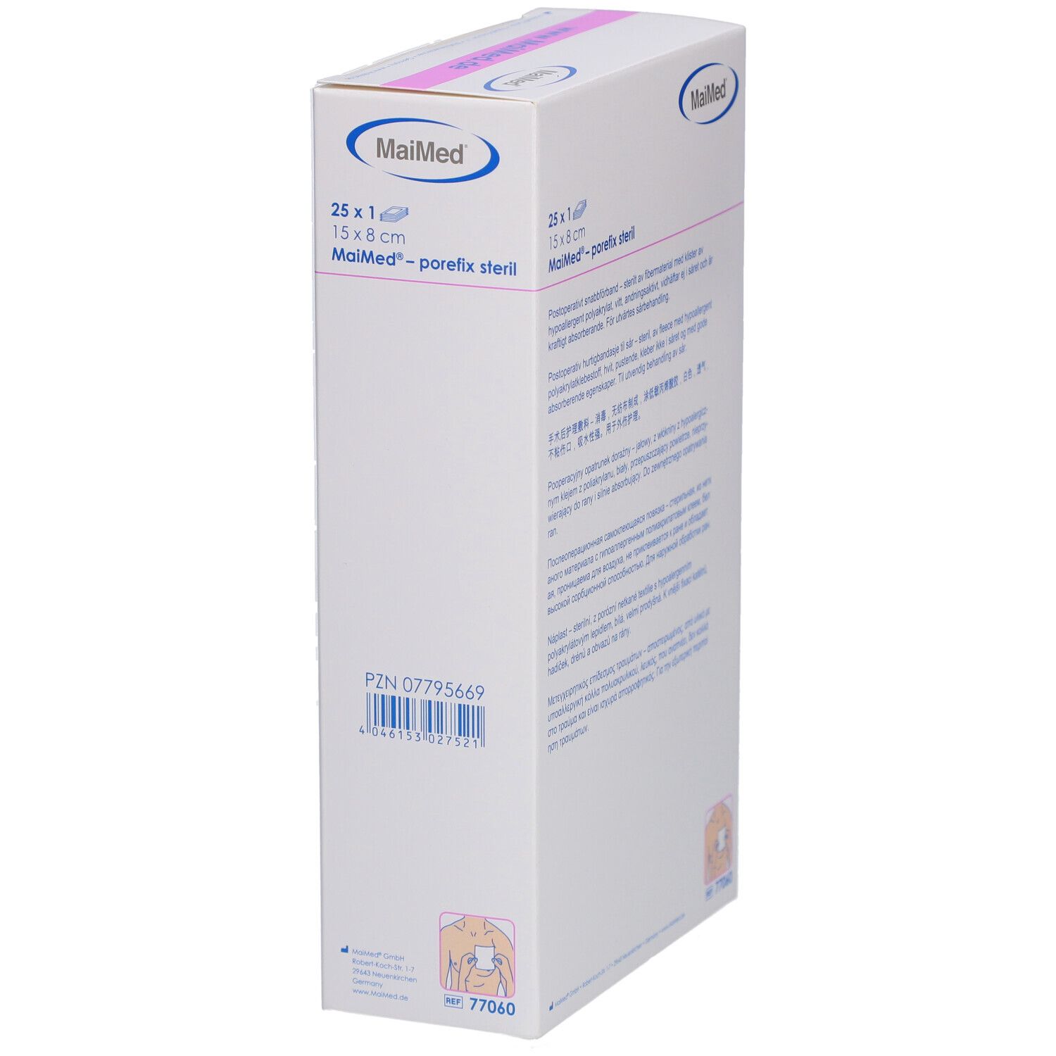 Confezione MaiMed porefix. Scatola bianca con codice a barre e numero PZN.