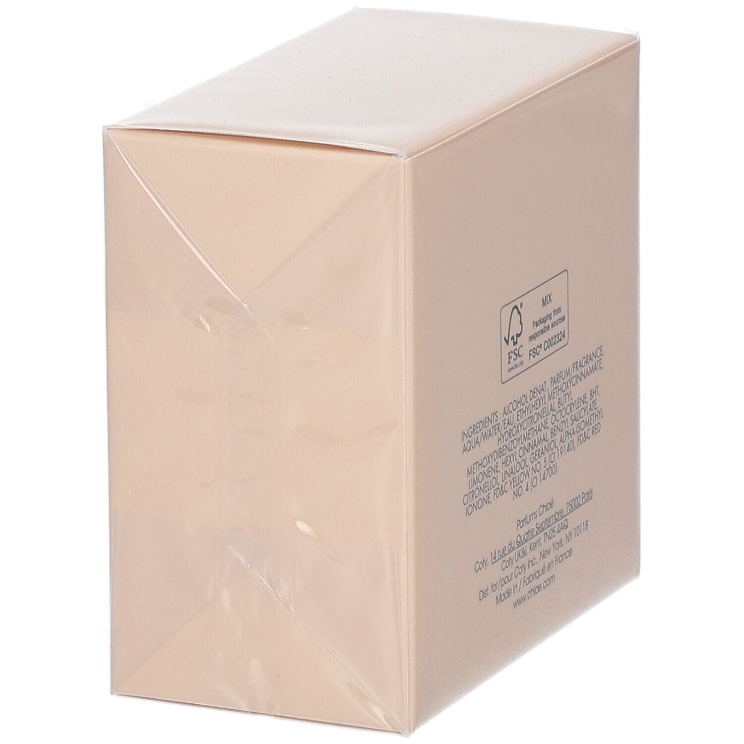 Retro di una scatola Chloé beige. Elenco ingredienti, certificazione FSC, indirizzo produttore e sito web.